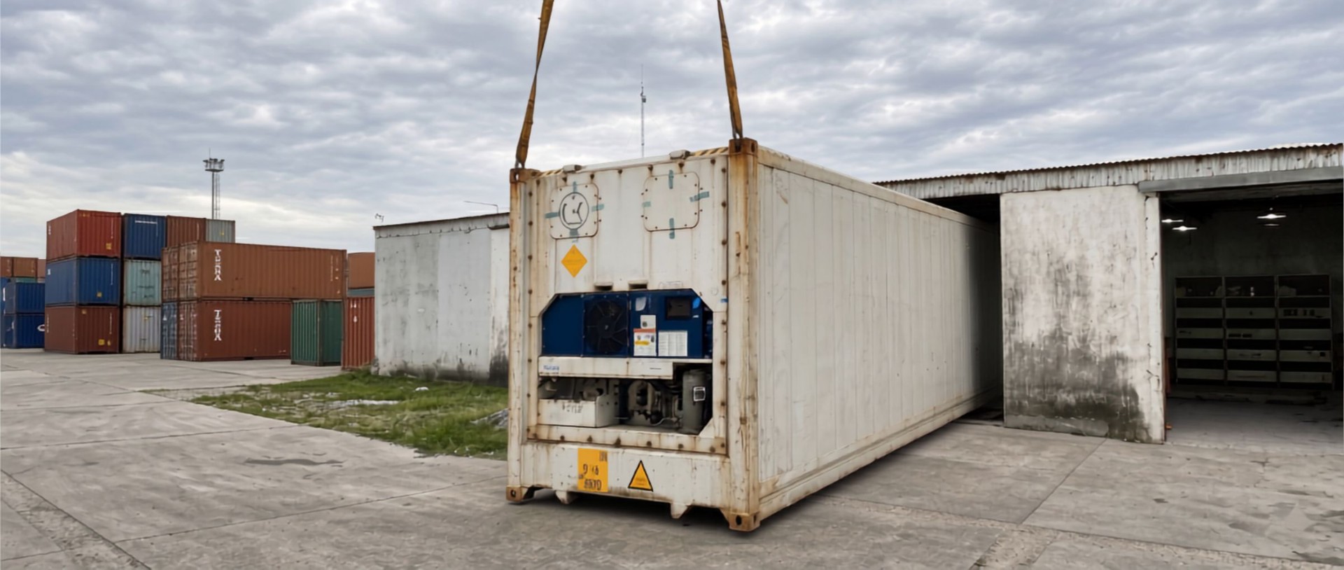 Contenedor reefer izado con eslingas en depósito